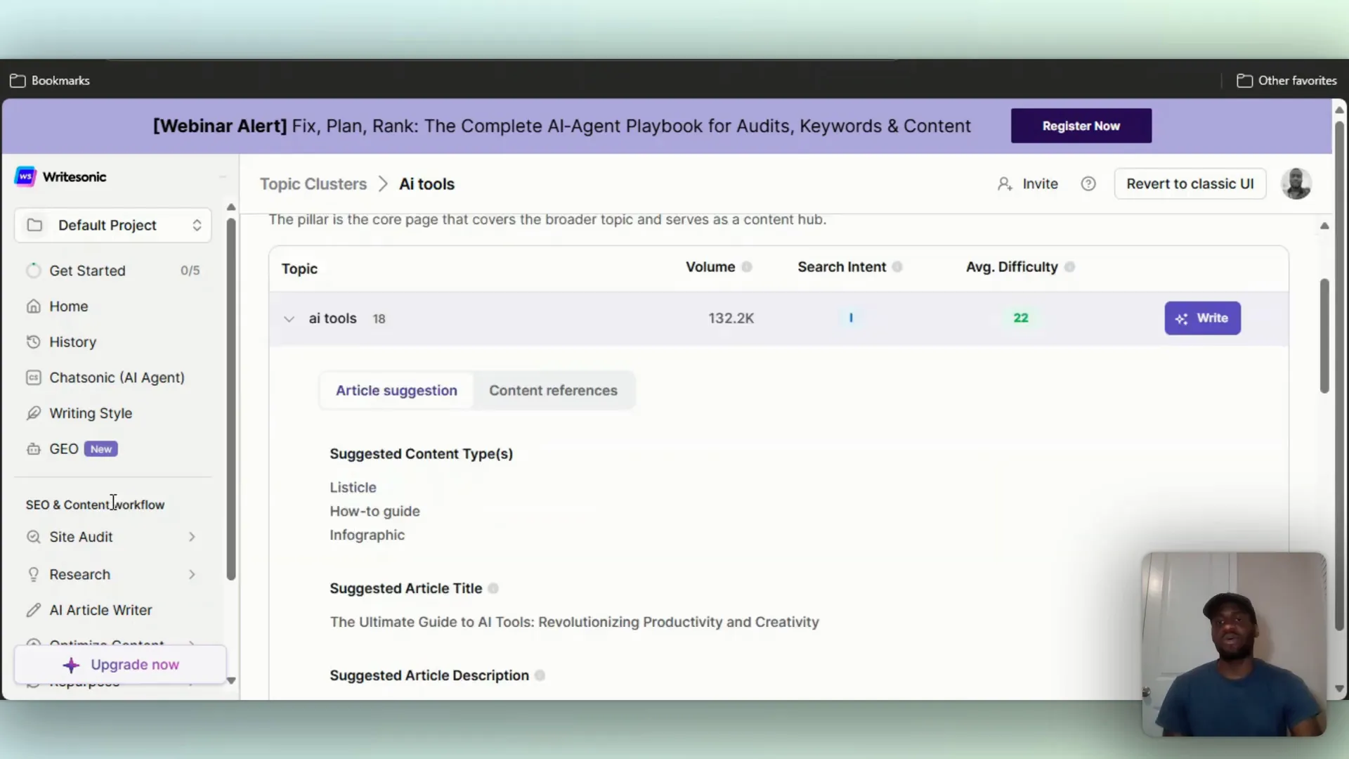 Best Software for Answer Engine Optimization in AI 4 Writesonic dashboard showing topic cluster research for AI tools