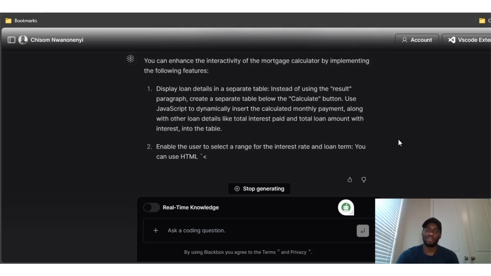 Blackbox AI providing JavaScript interactivity code