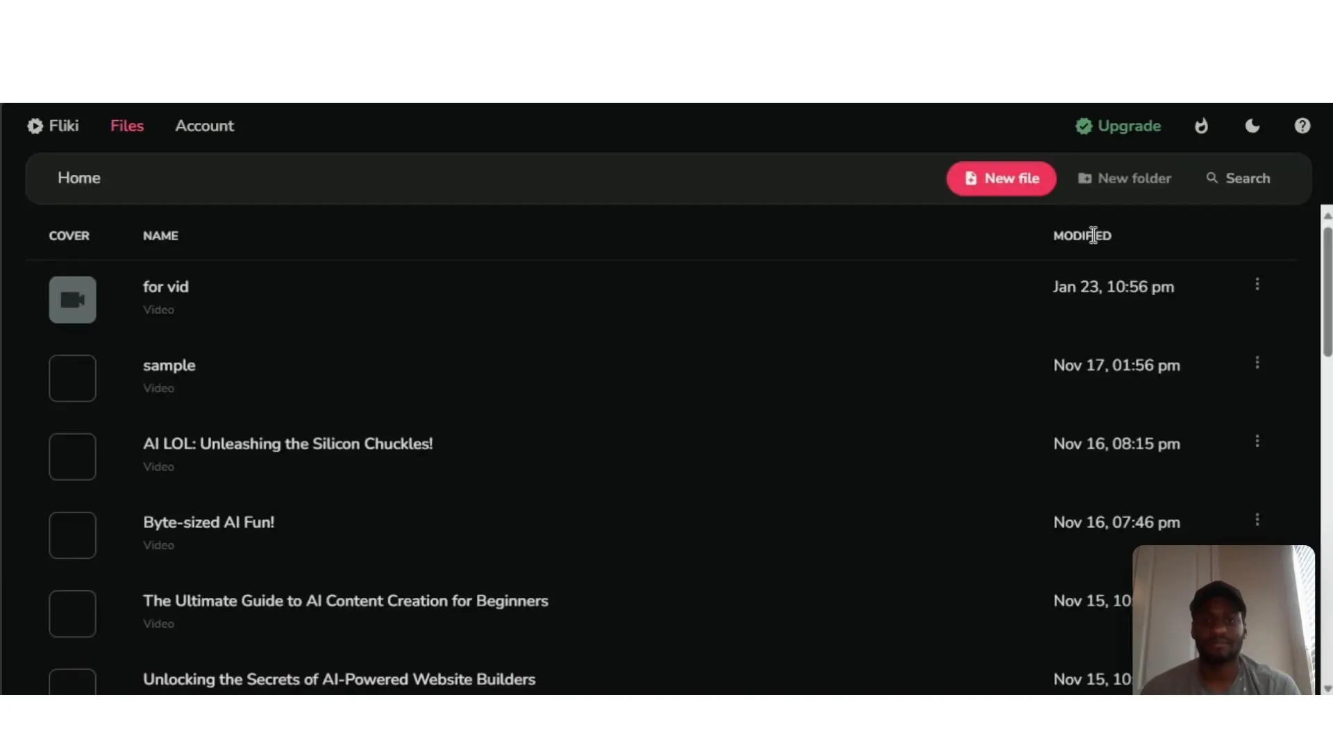 Fliki AI dashboard showing created videos