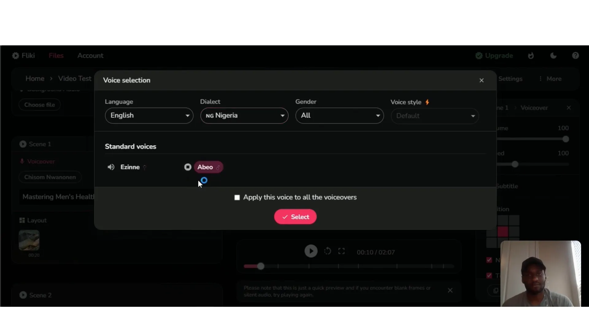 Selecting AI voiceover option