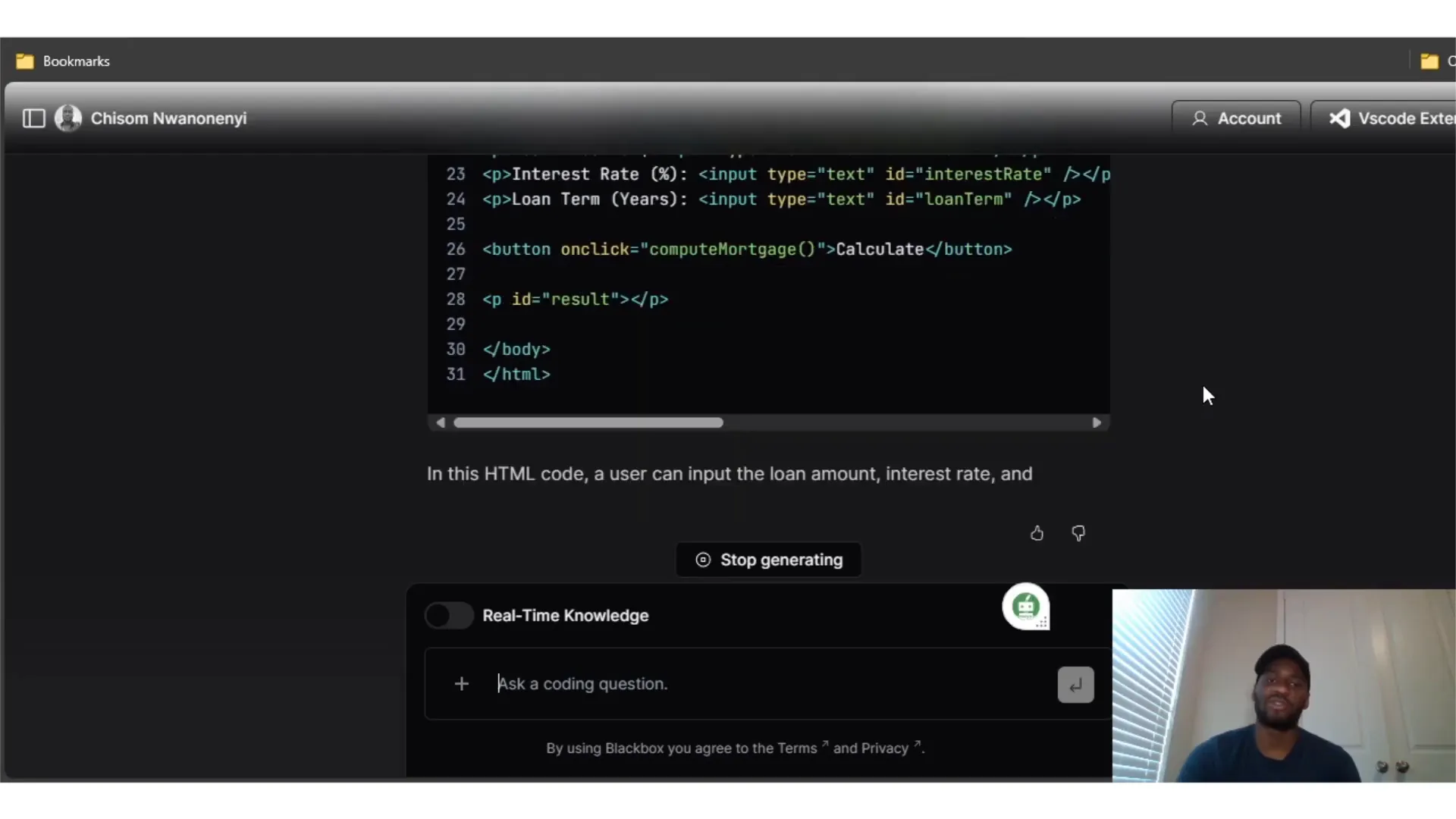 Blackbox AI generating mortgage calculator HTML code