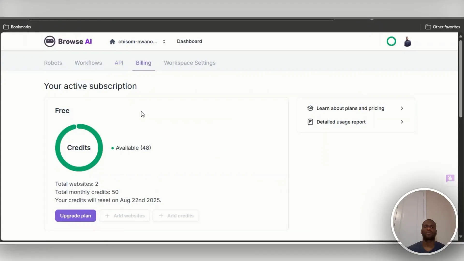 Billing settings and plan overview showing credits and site limits