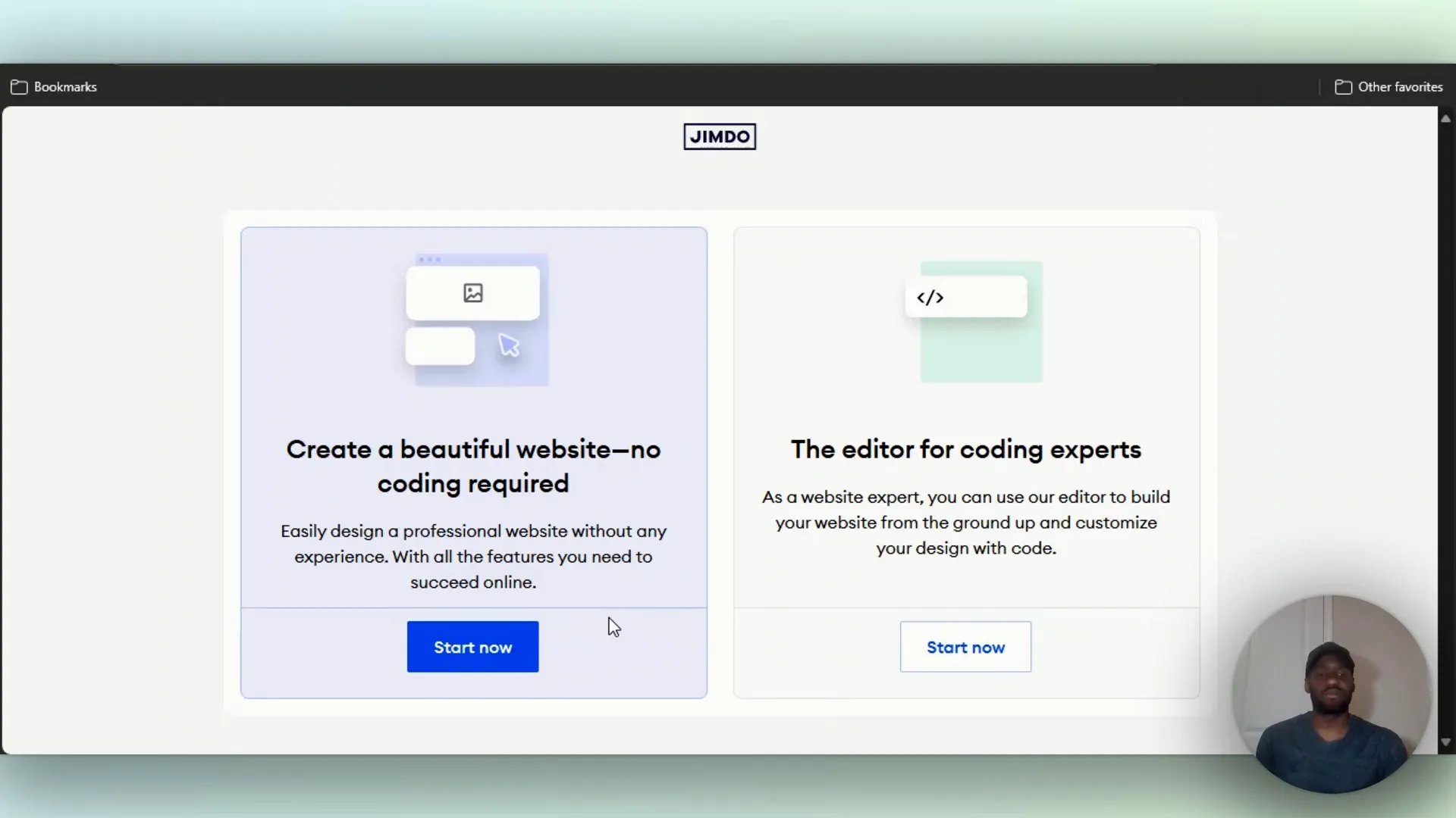 Jimdo dashboard after clicking start now