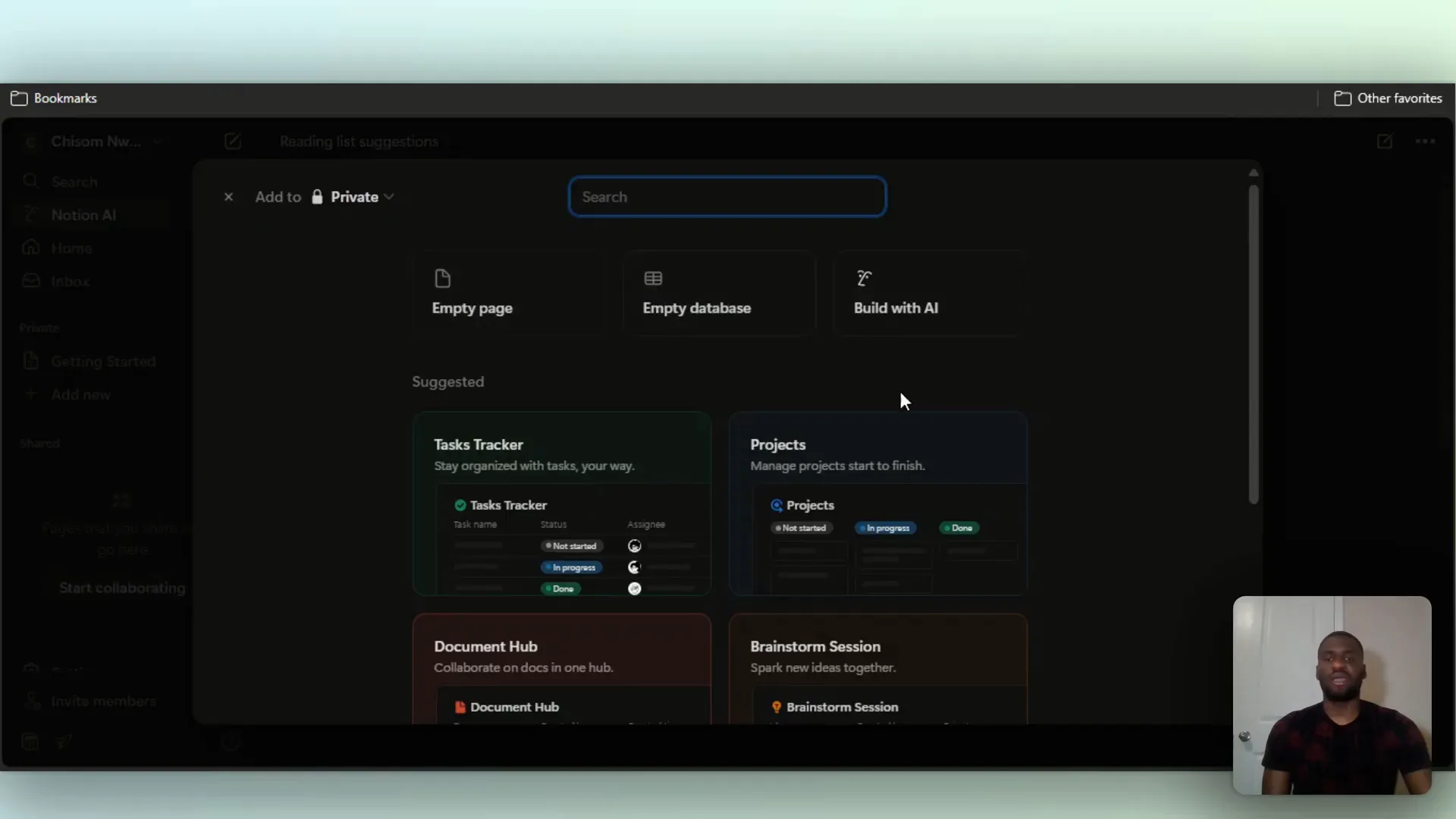 Notion dashboard showing Private and Add New options