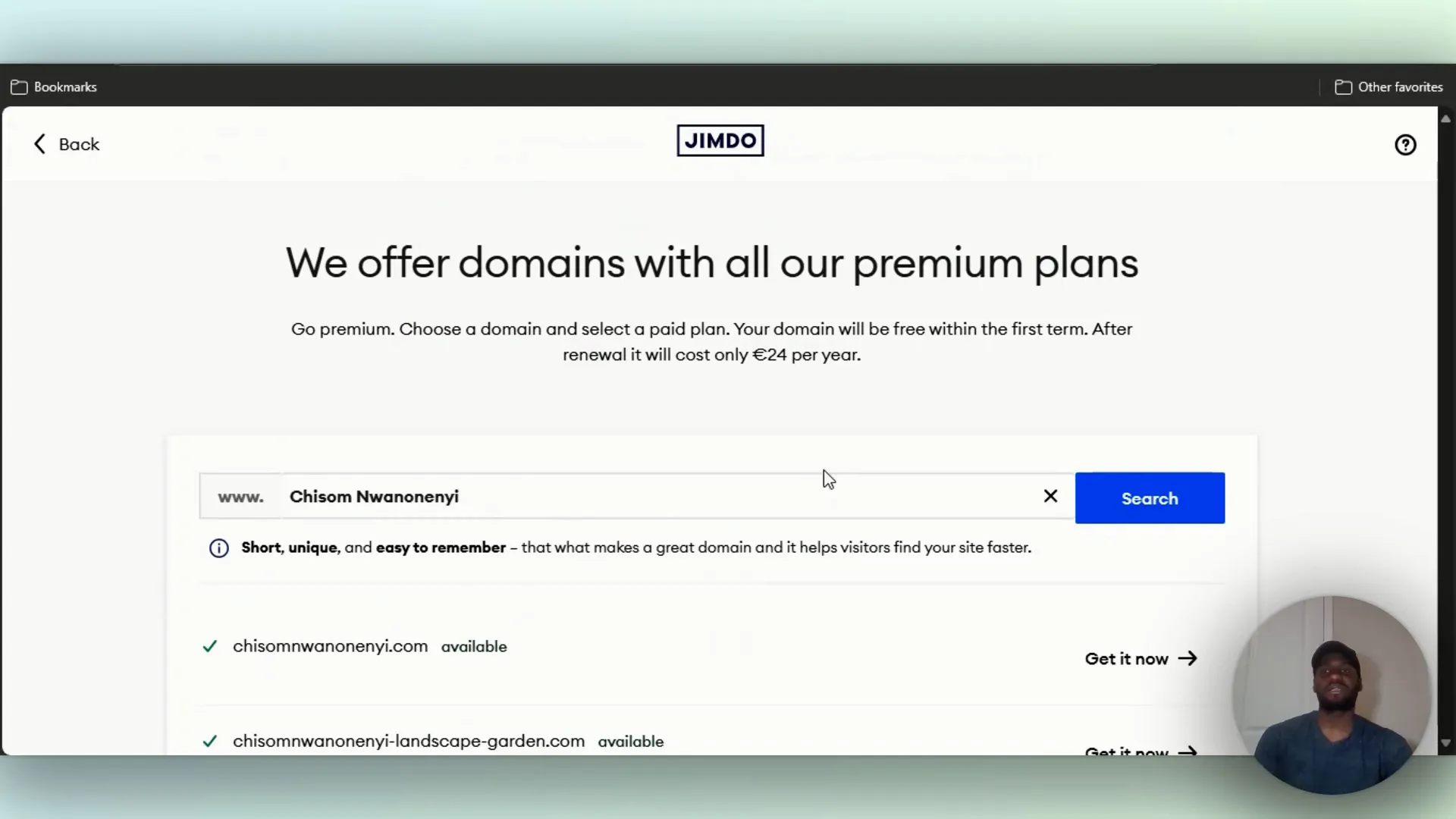 Domain suggestion screen with short unique name examples