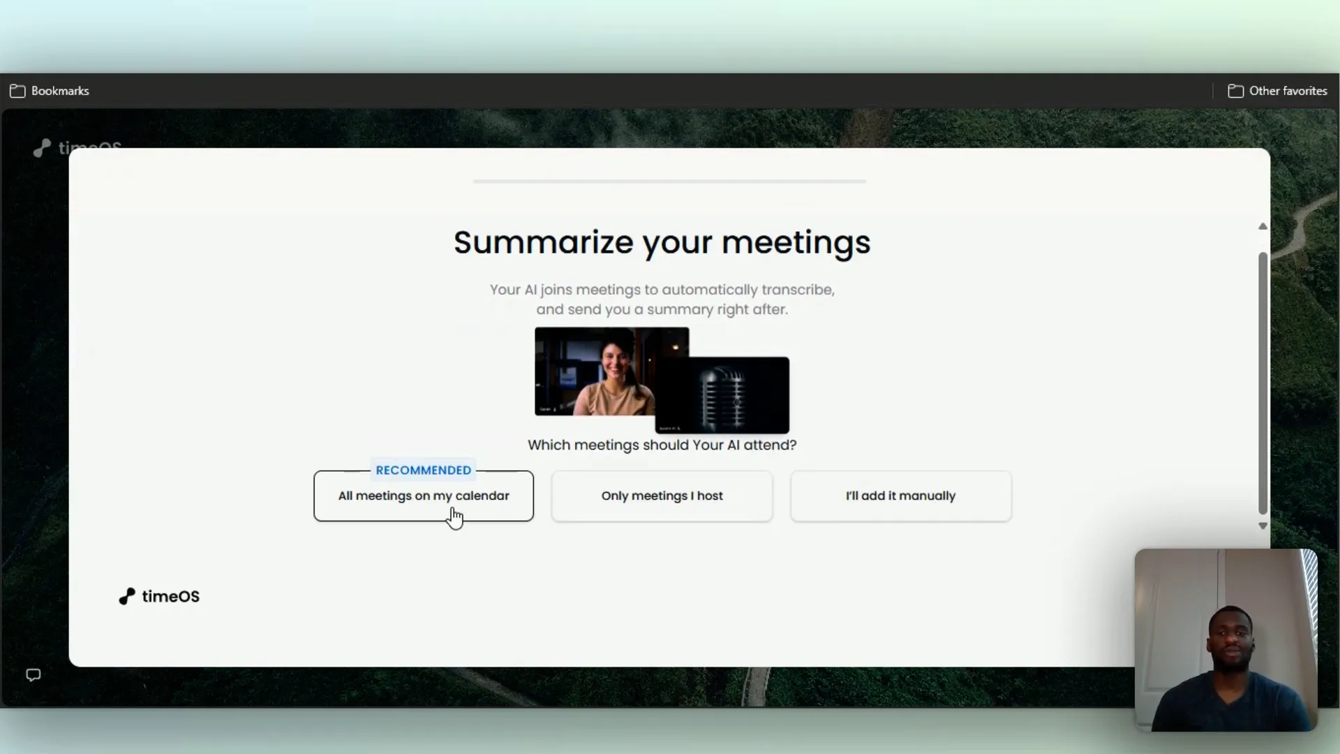 TimeOS meeting summary setup screen