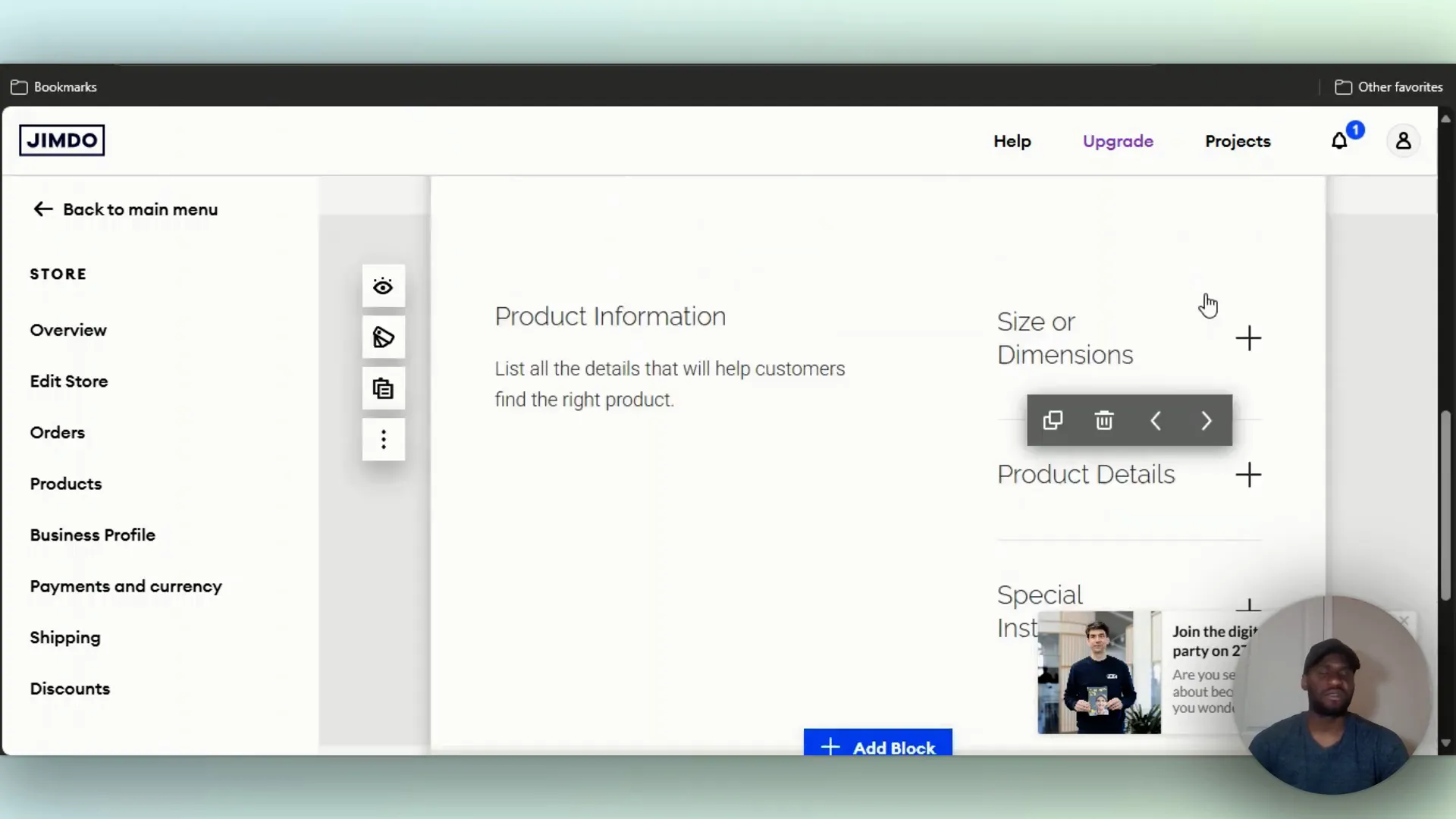Store product fields like title and dimensions in Jimdo editor