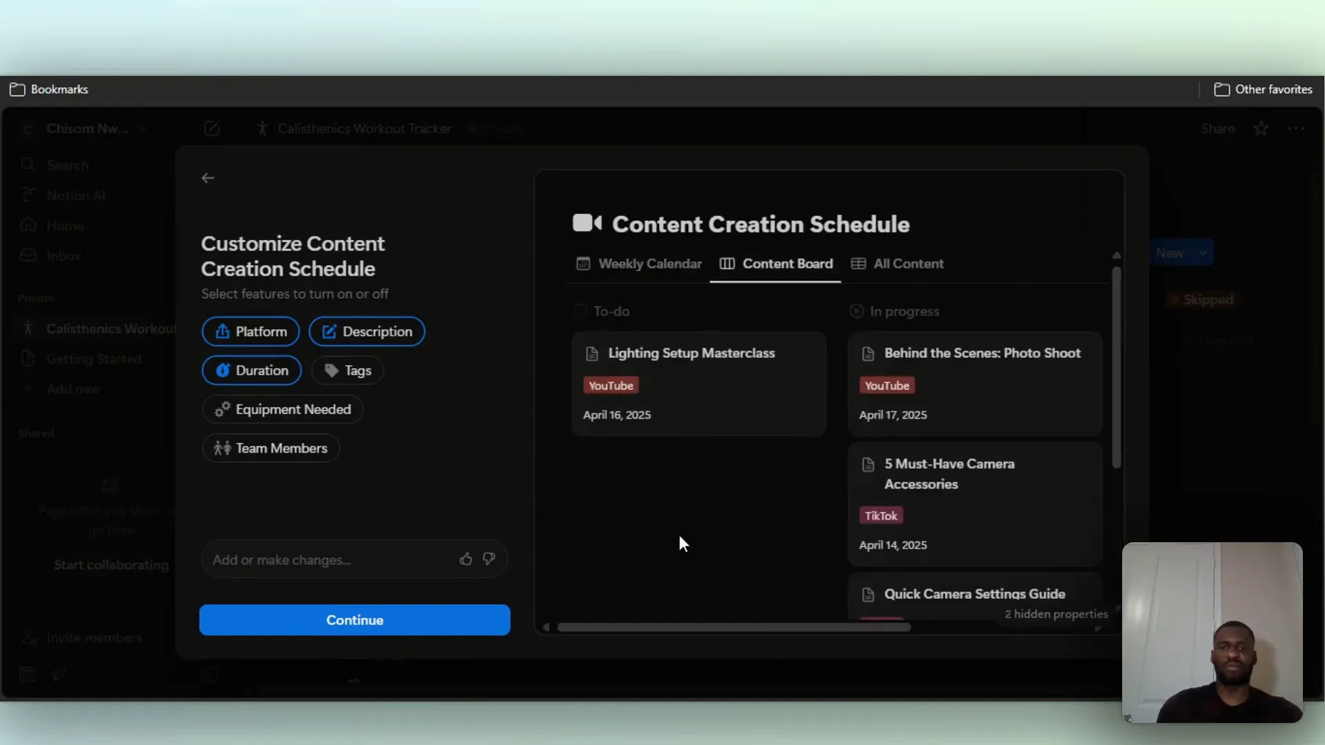 Content calendar with content board and sample items like lighting setup and behind the scenes