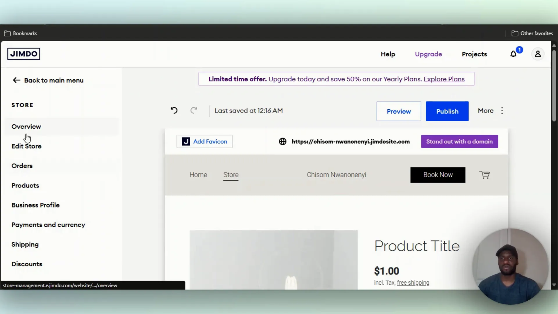 Editor left sidebar showing overview and edit store options
