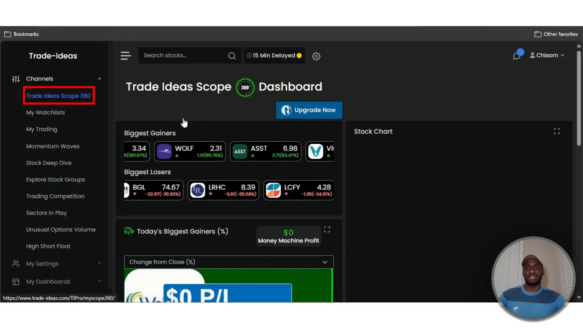 Trade Ideas dashboard showing biggest gainers and losers