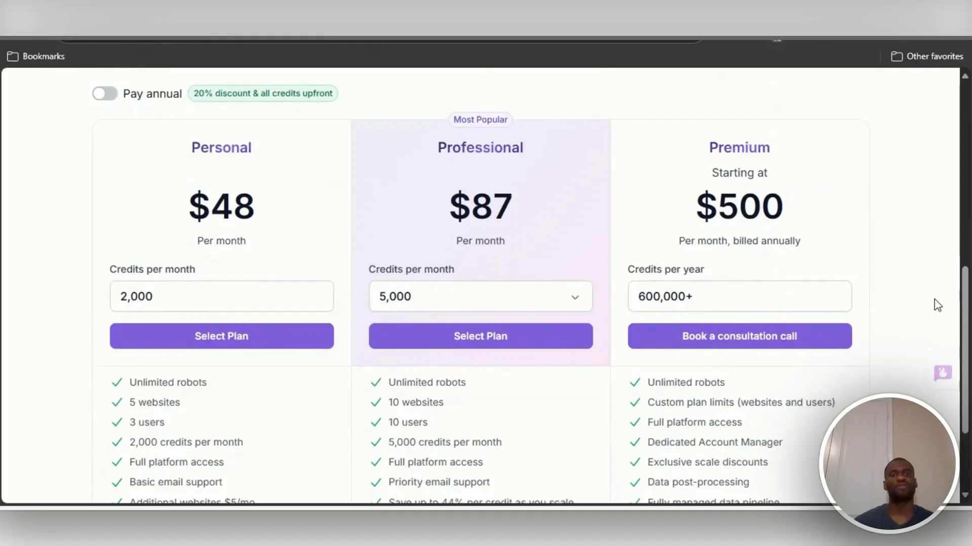 Billing tiers overview showing starter, pro, professional, premium options