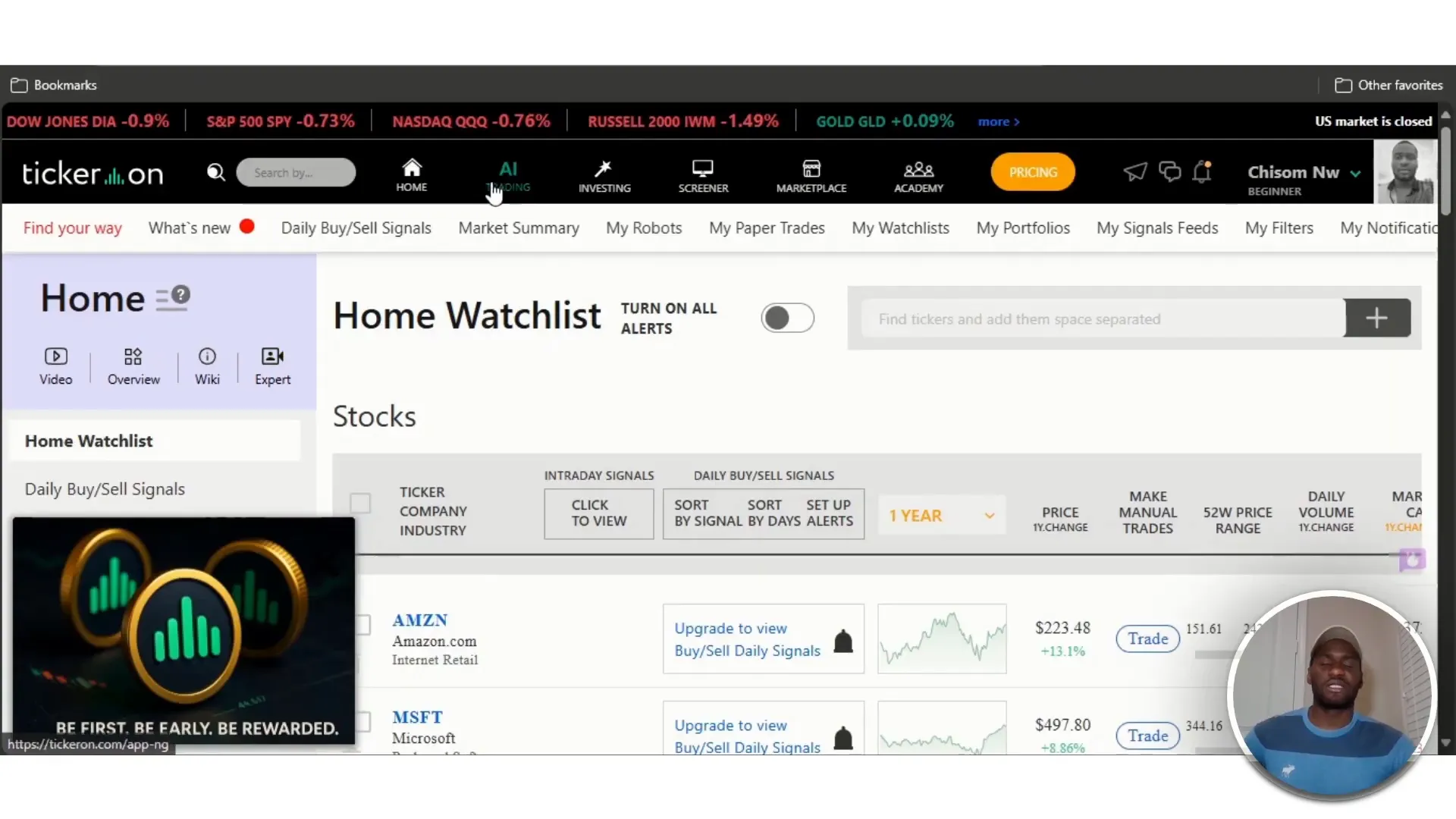 Tickeron homepage showcasing AI trading features