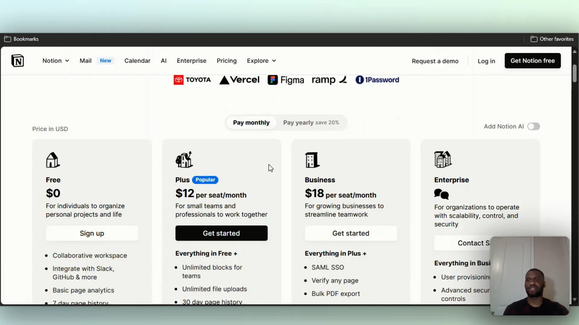 Notion pricing page showing free, personal, and business tiers