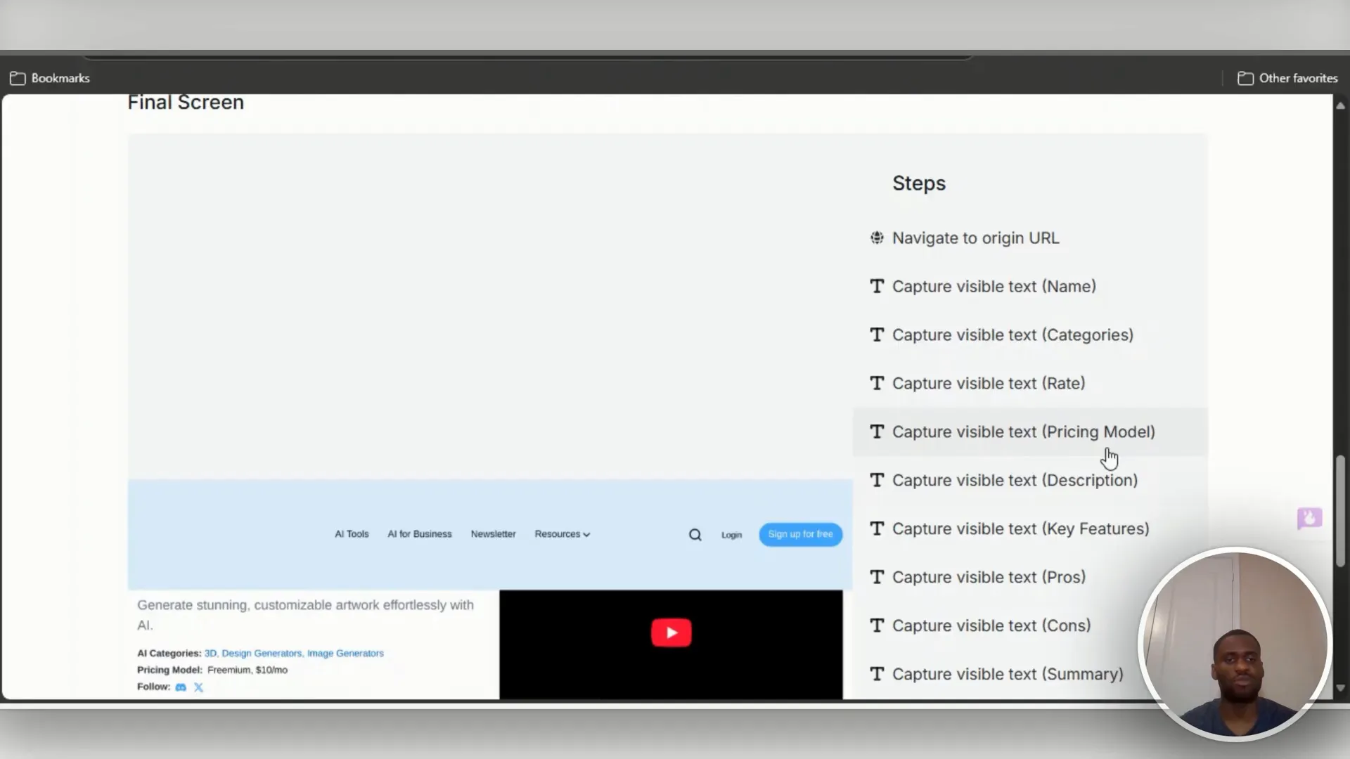 Browse AI action sequence navigating to the page and capturing text and screenshots