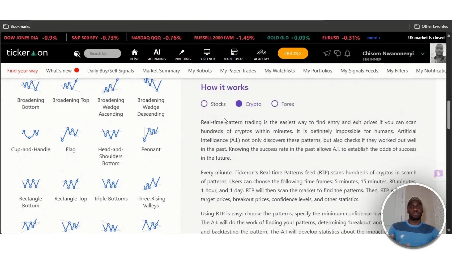 Tickeron real-time crypto patterns and entry/exit prices