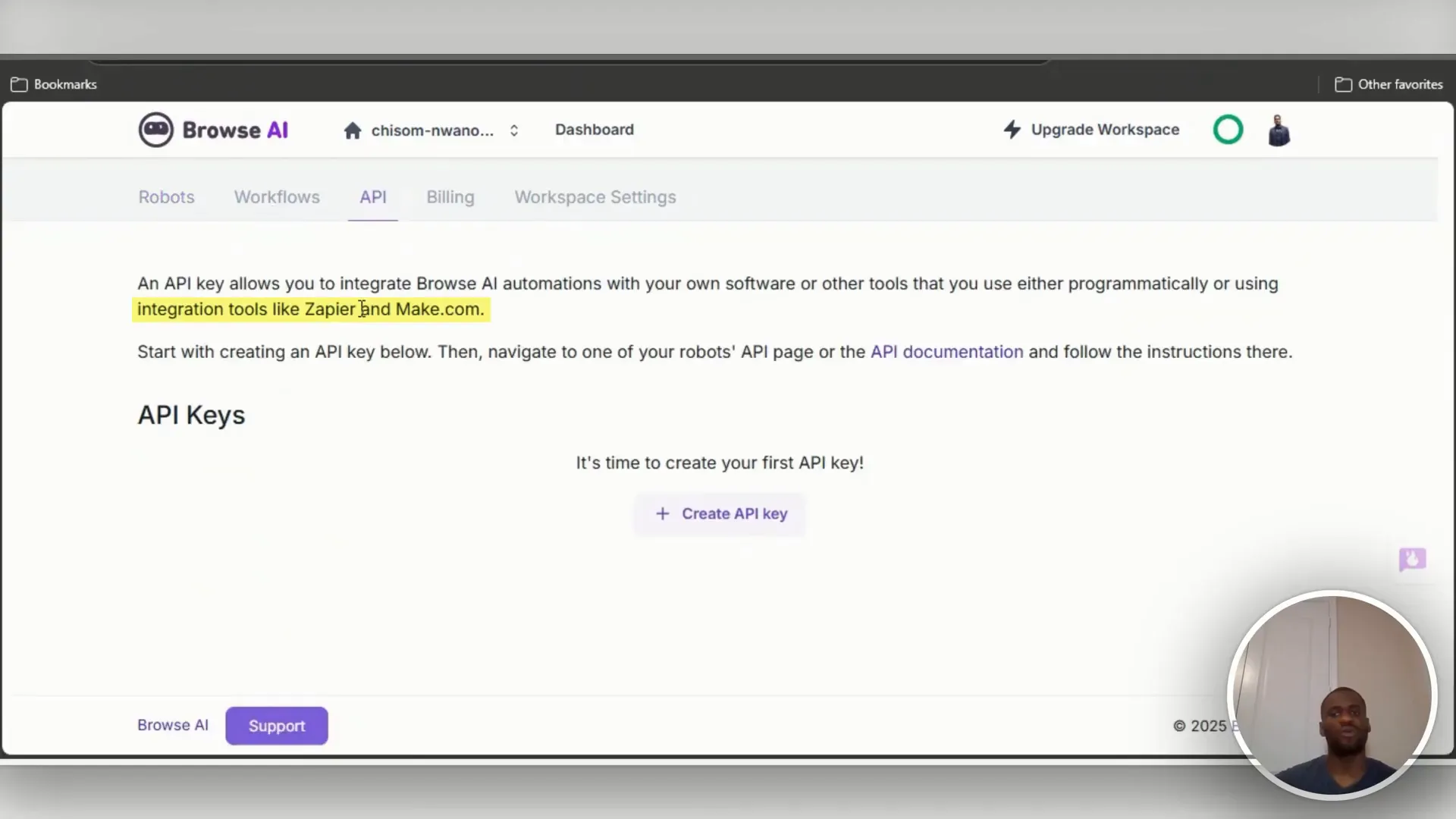 API key creation and integration options showing Zapier and Make