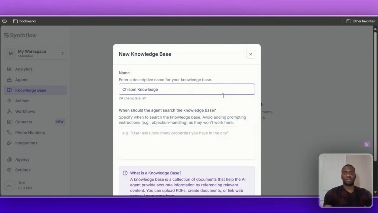 Knowledge base creation screen with example company info