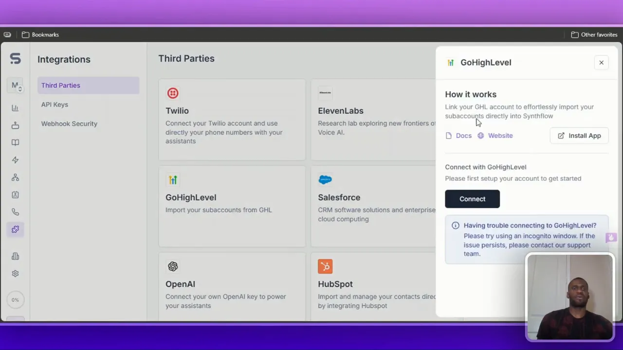 GoHighLevel integration screen showing permission prompts