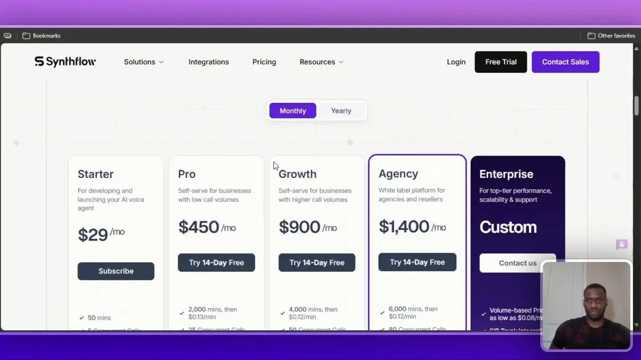 Pricing page showing different plans and minutes