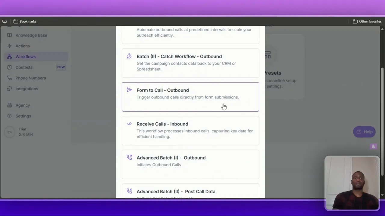Workflow preset for form-to-call outbound connections