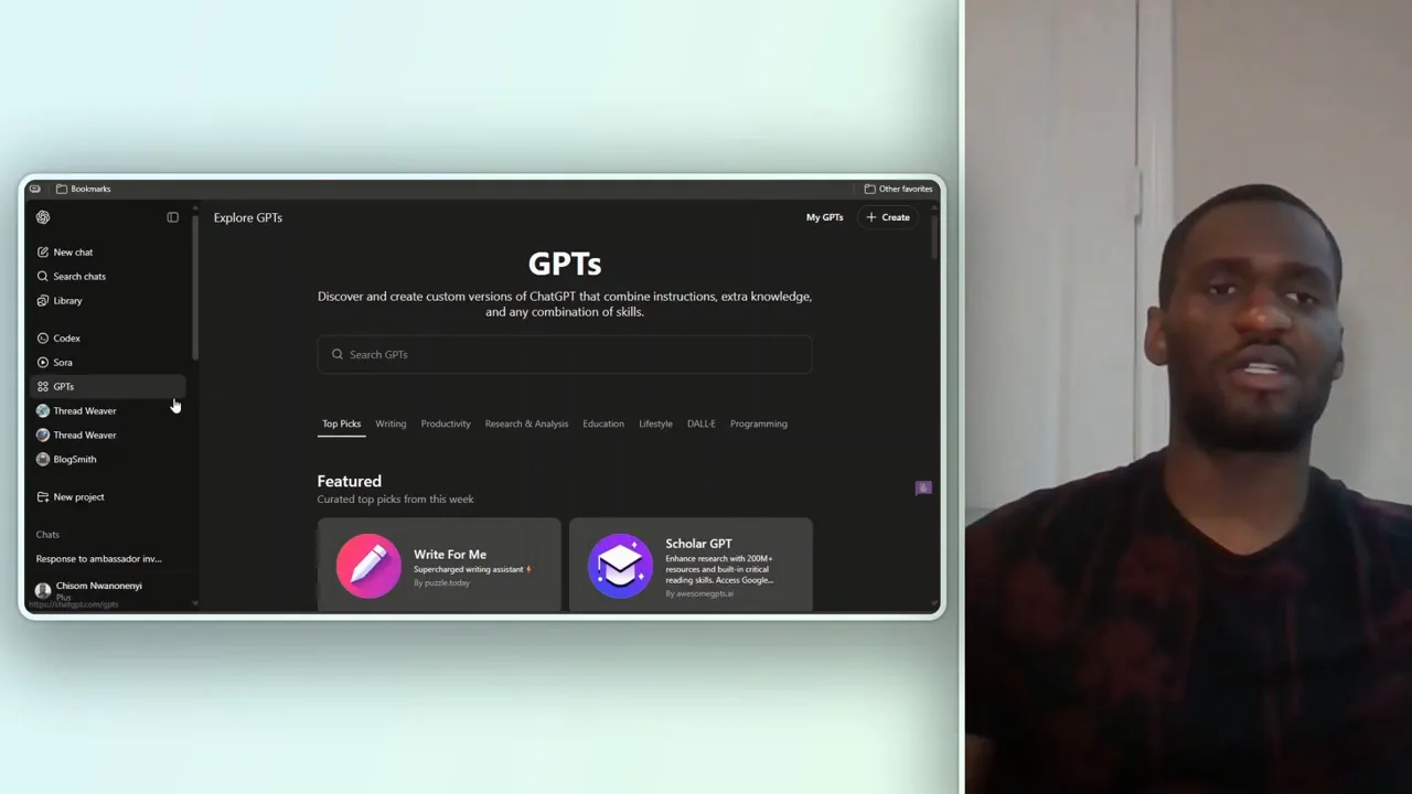 Clicking GPTs in the left-hand sidebar