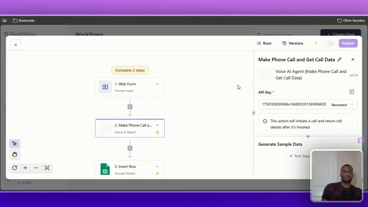 Workflow editor showing form submissions triggering calls and saving to Google Sheets