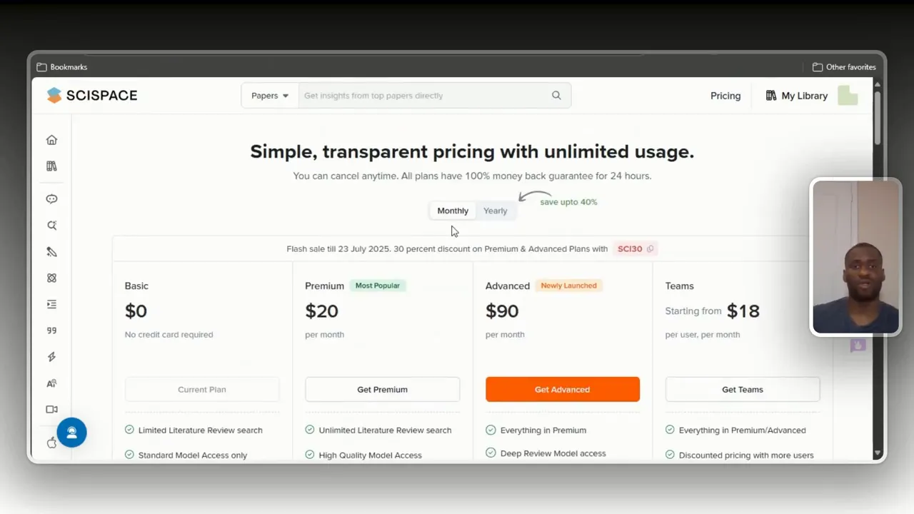 Scispace Review: The Best AI Research Tool for Students? 5 Scispace pricing screen showing free plan and $20/month plan features
