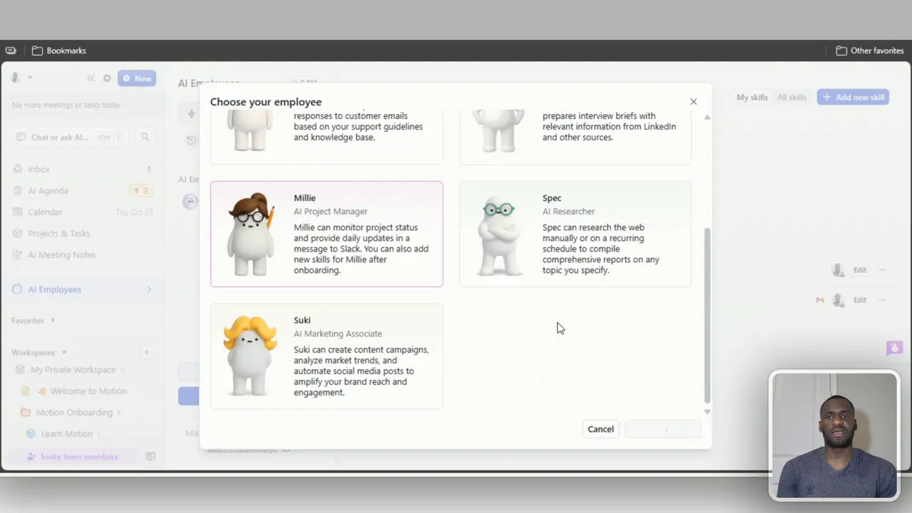 Selecting Millie, a project manager AI employee