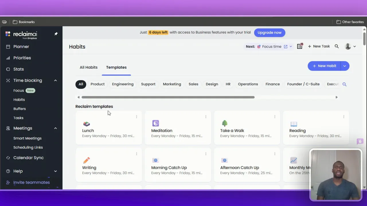 Reclaim AI vs Motion: Which AI-Scheduler Wins? 3 Reclaim AI habits screen showing habit templates