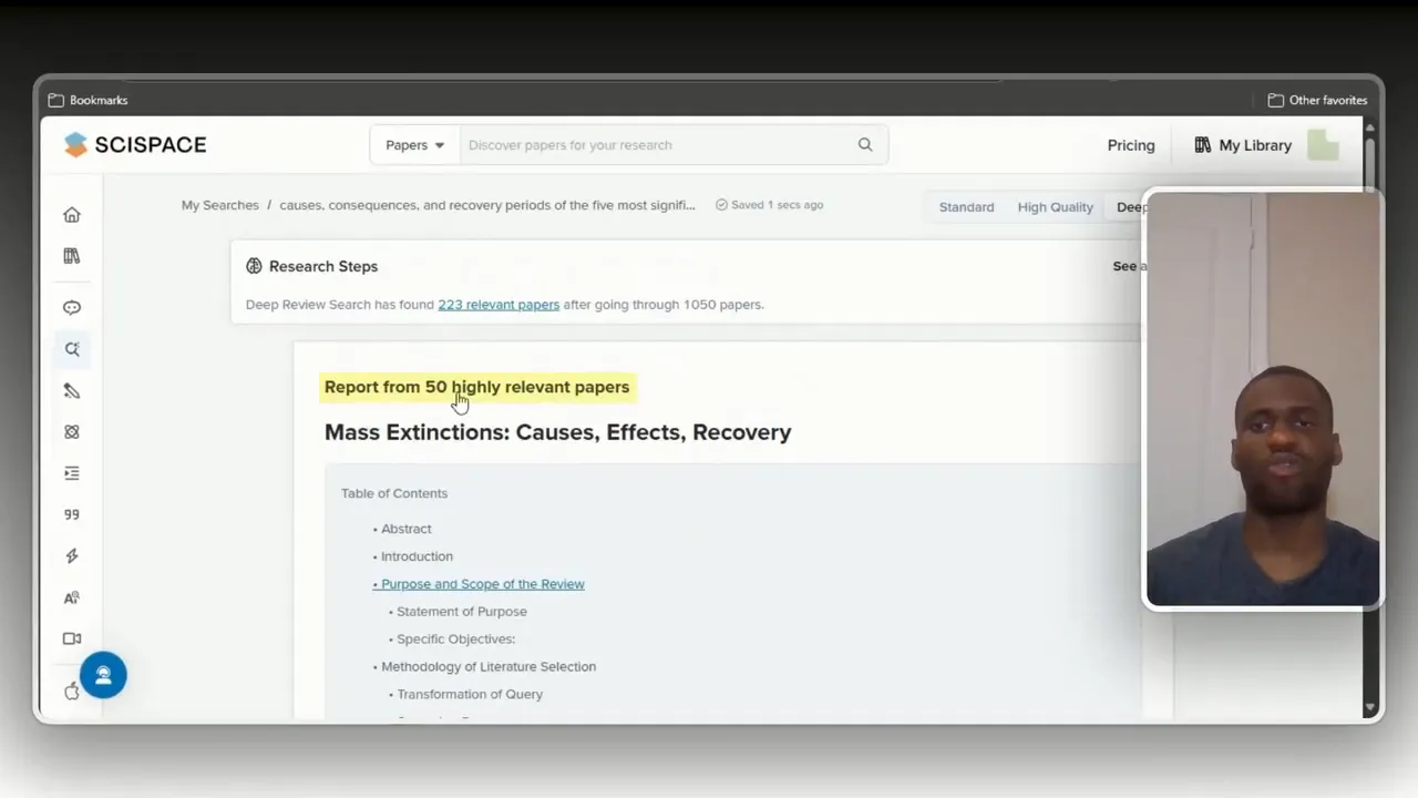 Scispace Review: The Best AI Research Tool for Students? 4 Scispace results showing 'reports from 50 highly relevant papers' and review steps