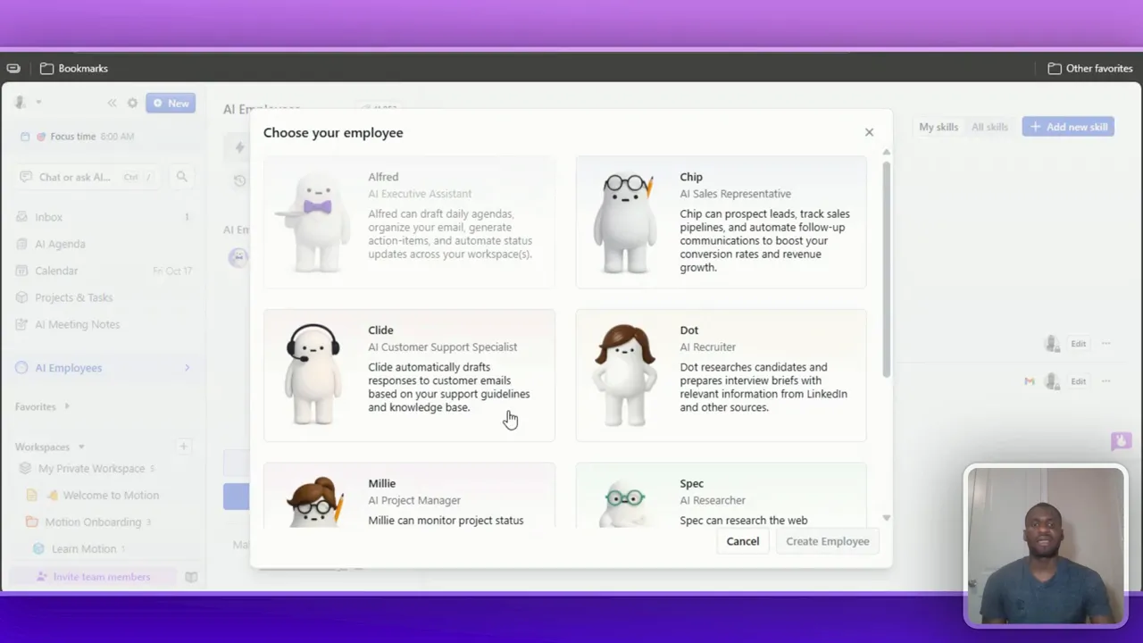 Reclaim AI vs Motion: Which AI-Scheduler Wins? 4 Motion AI employees dashboard showing Alfred