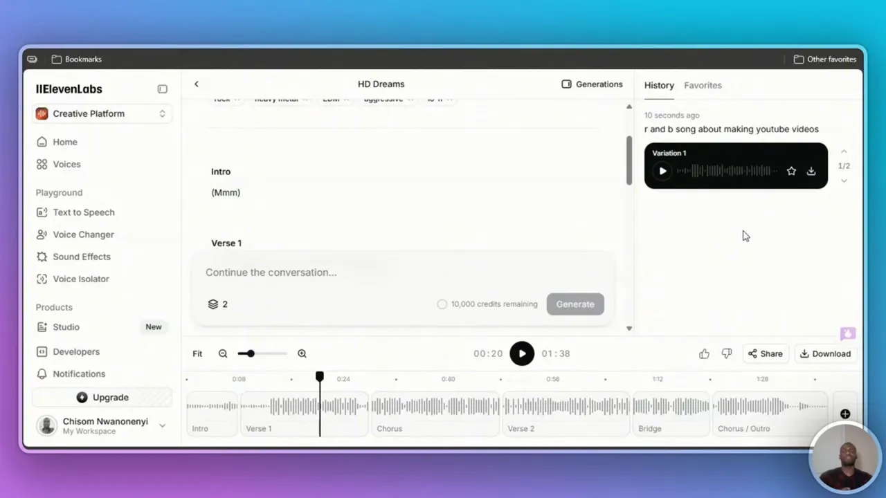 Eleven Labs interface showing prompt entered for R&B song