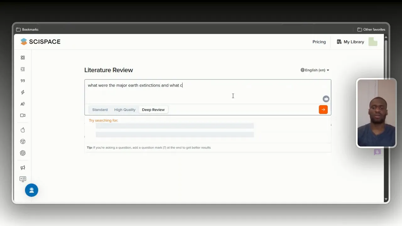 Scispace Review: The Best AI Research Tool for Students? 3 Entering search query 'Earth extinctions and what caused them' in Scispace