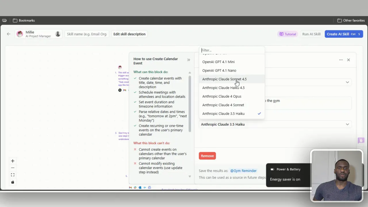 Creating a calendar event step and choosing the AI model