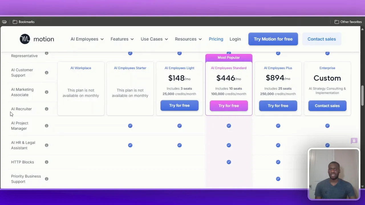 Reclaim AI vs Motion: Which AI-Scheduler Wins? 7 Motion AI pricing tiers showing AI employee credits and seats