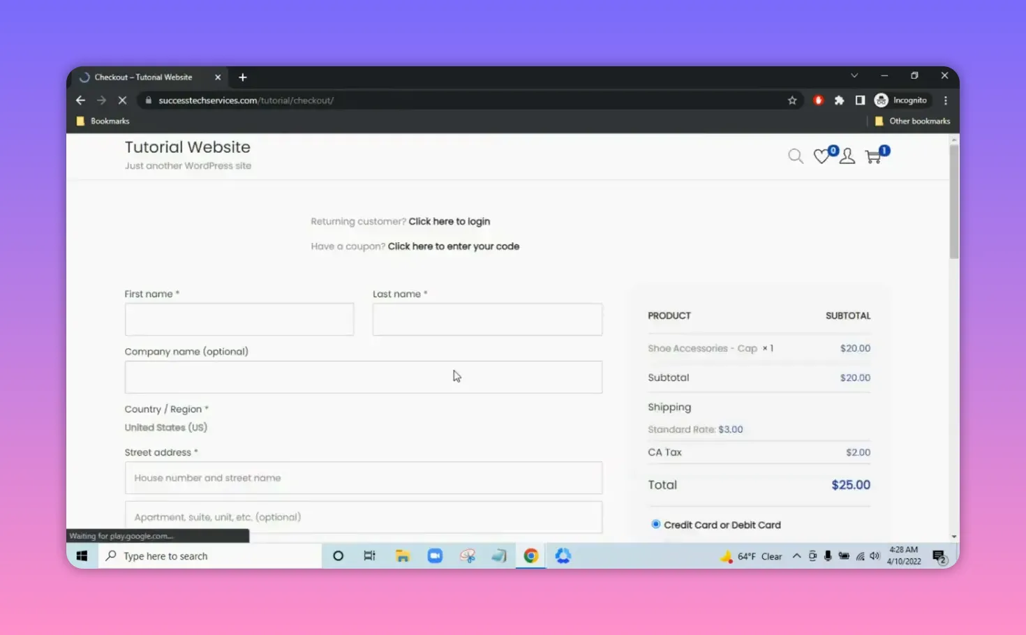WooCommerce checkout page with billing fields on the left and order summary on the right showing Subtotal $20, Shipping $3.00, CA Tax $2.00 and Total $25.00