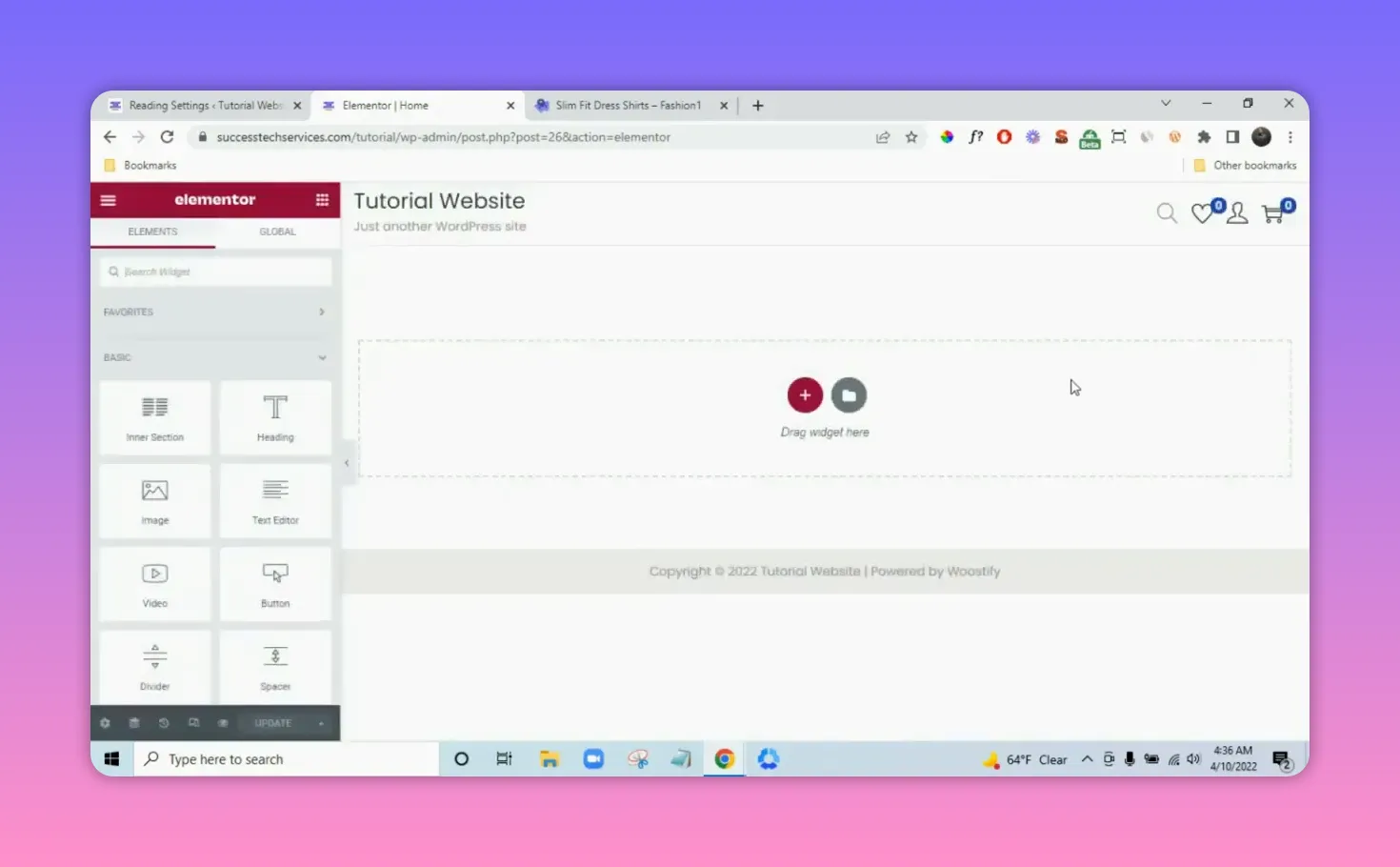 Elementor editor open on a WordPress site with the widget library on the left and a blank hero section on the page displaying 'Drag widget here'.