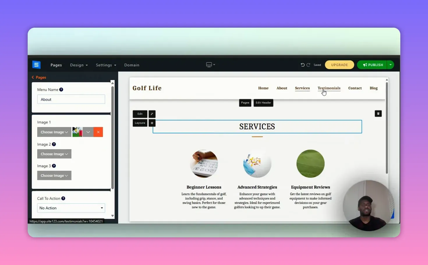 SITE123 Review: The Easiest Website Builder for Beginners? 7 SITE123 Services section showing header and three circular icons for Beginner Lessons, Advanced Strategies, and Equipment Reviews