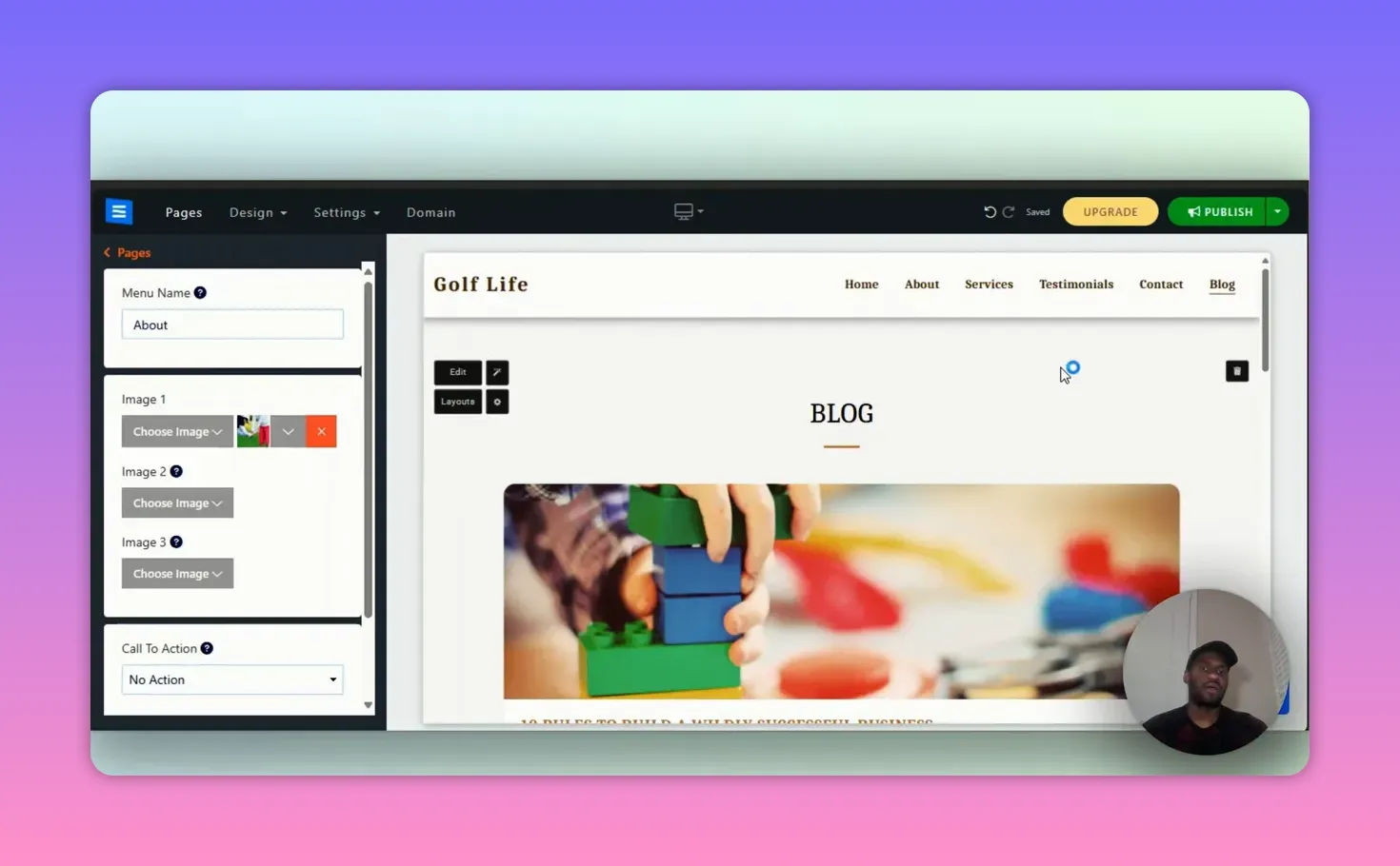 SITE123 Review: The Easiest Website Builder for Beginners? 8 SITE123 editor showing BLOG header with Edit and Layouts controls and the Upgrade and Publish buttons in the top-right