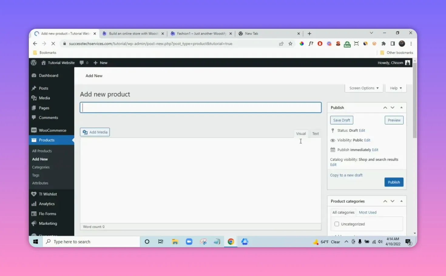 WordPress Add New Product admin screen showing the product title field, content editor and the Publish panel