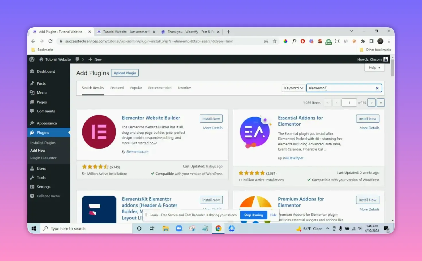 WordPress Add Plugins results showing Elementor Website Builder with Install Now button
