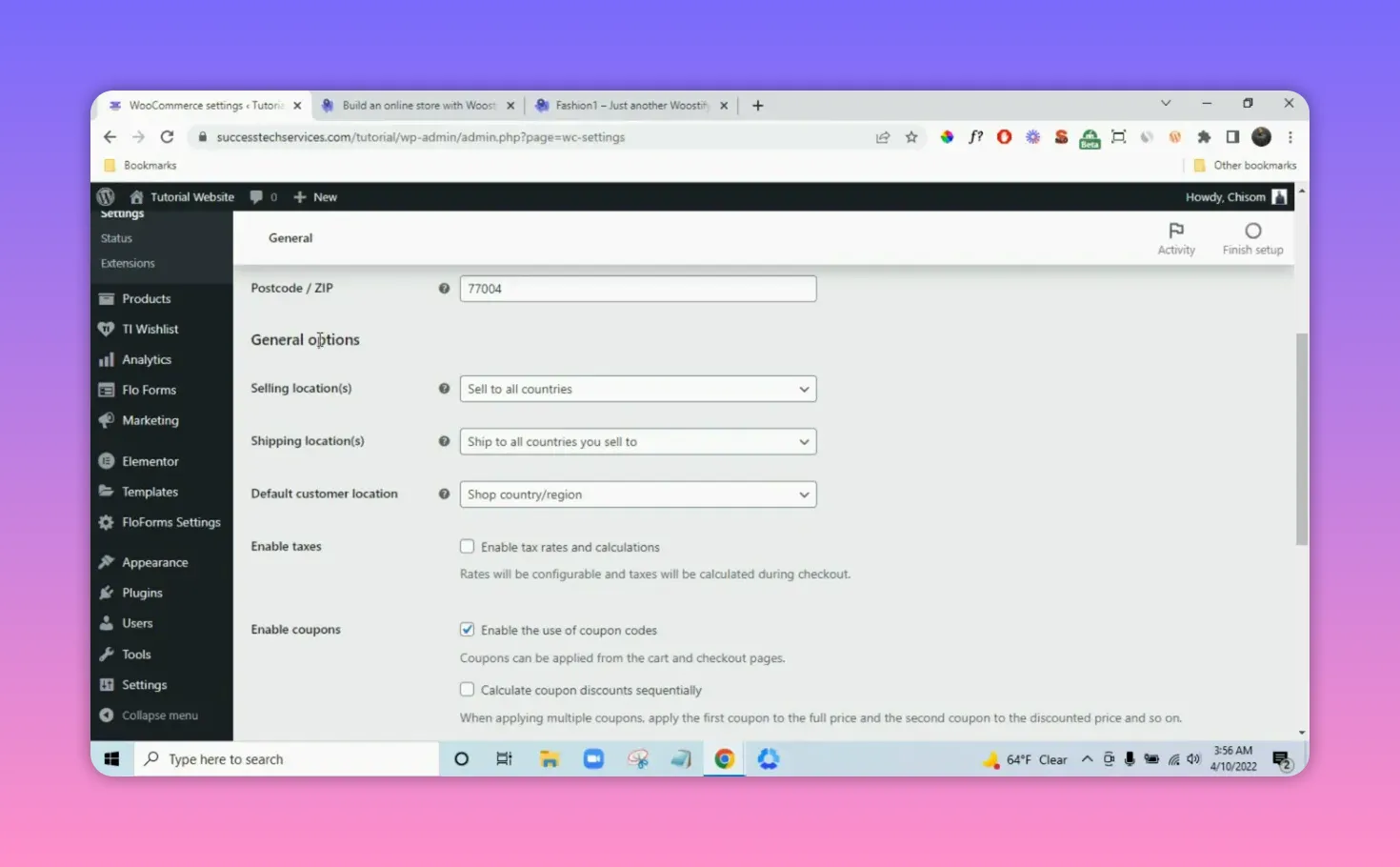 WooCommerce settings — General tab showing selling location, shipping location, default customer location and the 'Enable taxes' checkbox.