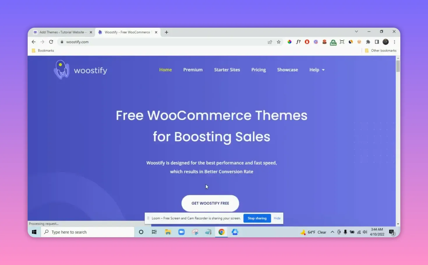 Woostify homepage hero reading 'Free WooCommerce Themes for Boosting Sales' with a prominent 'Get Woostify Free' button