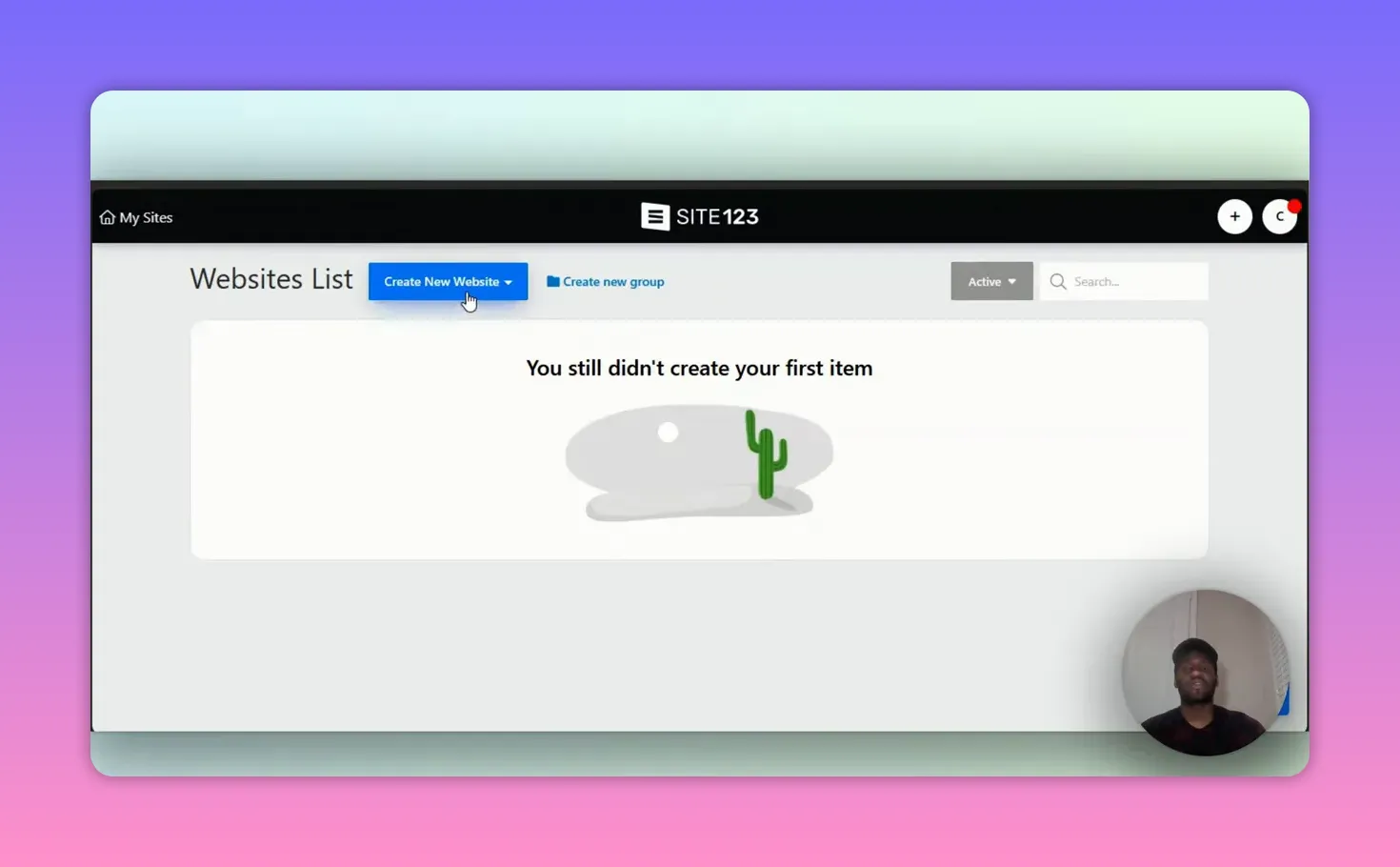 SITE123 Review: The Easiest Website Builder for Beginners? 3 SITE123 dashboard with the 'Create New Website' button highlighted and a cursor over it