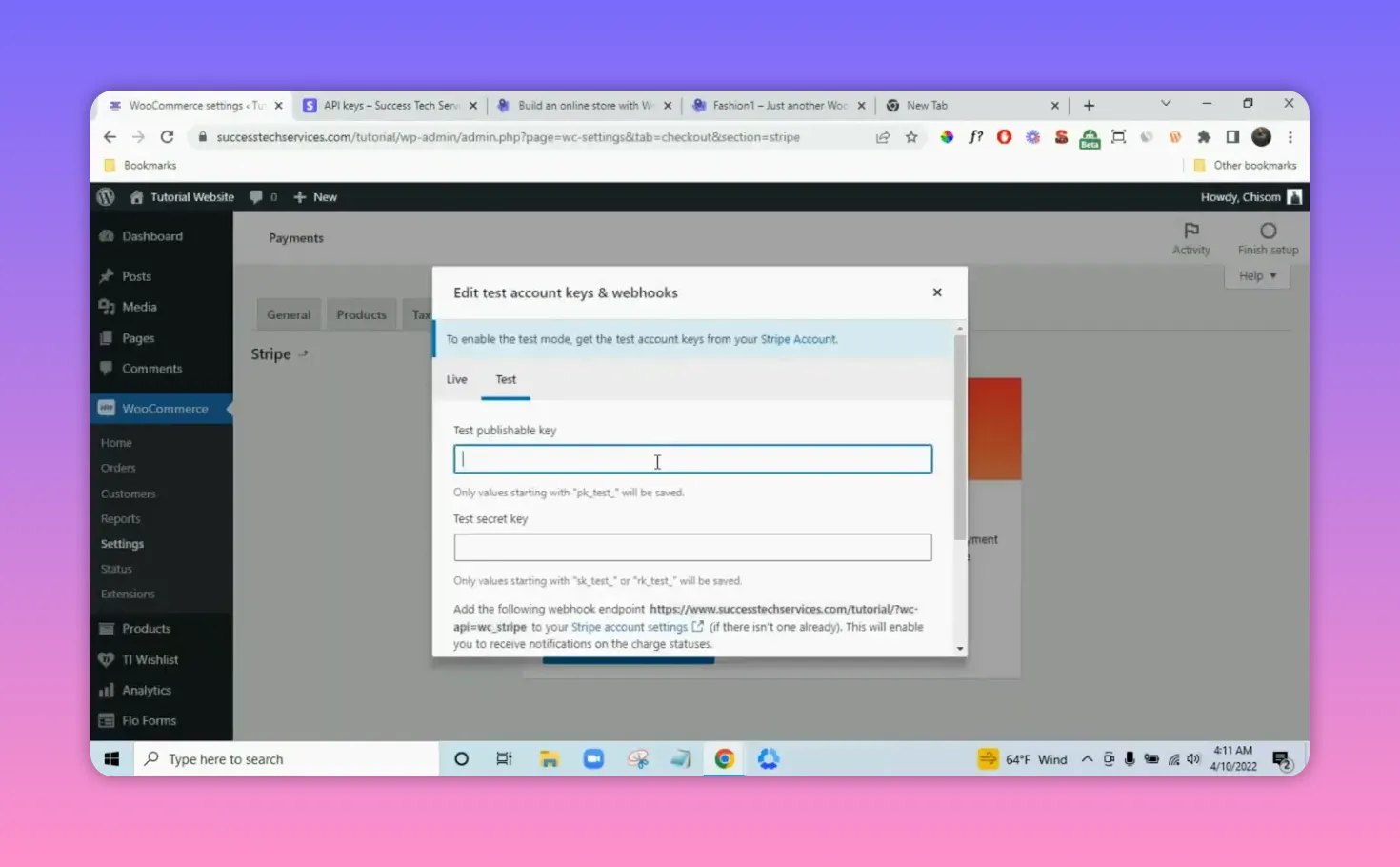 WooCommerce admin modal titled 'Edit test account keys & webhooks' with fields for test publishable key, test secret key and instructions showing the webhook endpoint URL.