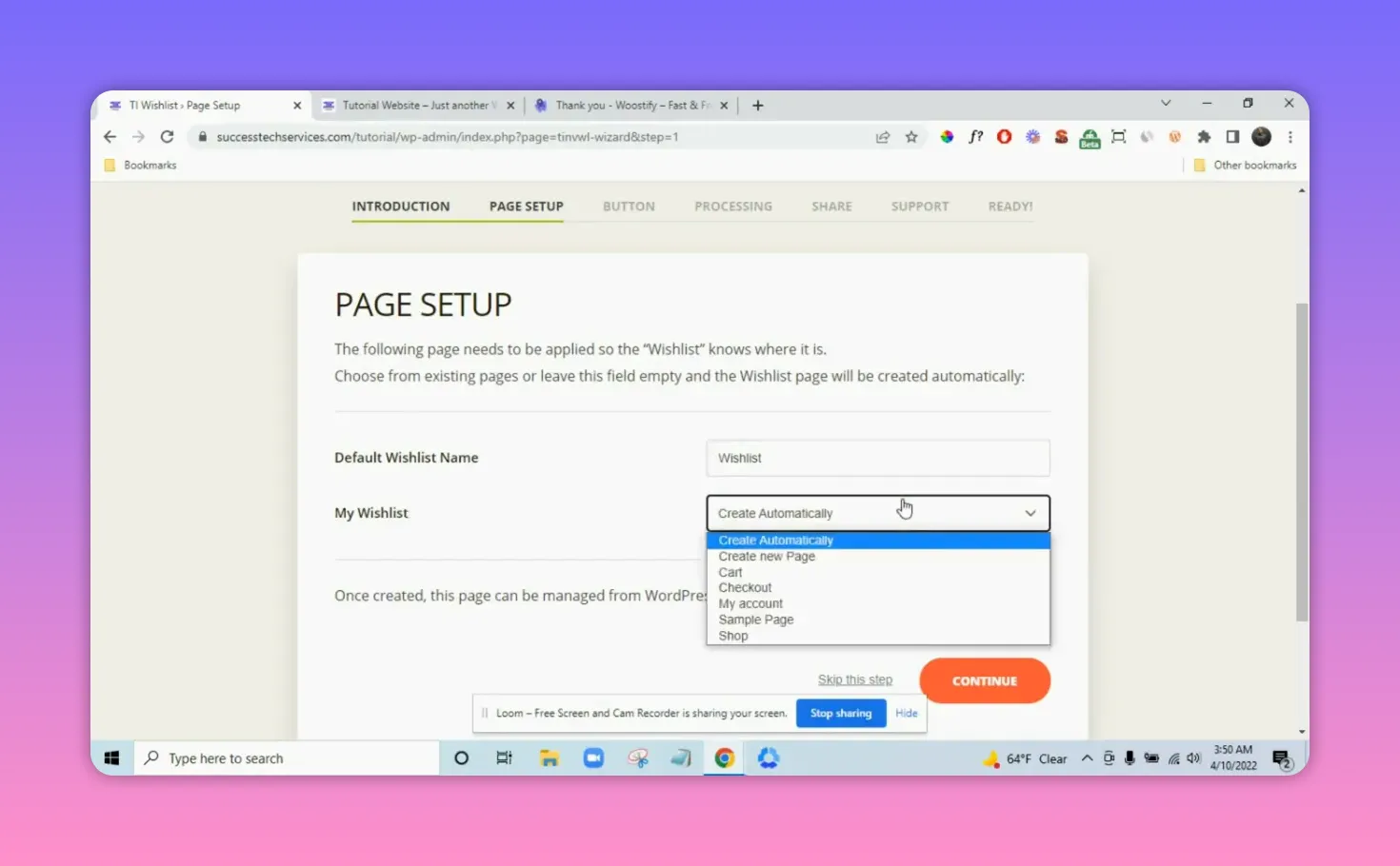 TI Wishlist page setup showing the 'My Wishlist' dropdown with 'Create Automatically' selected