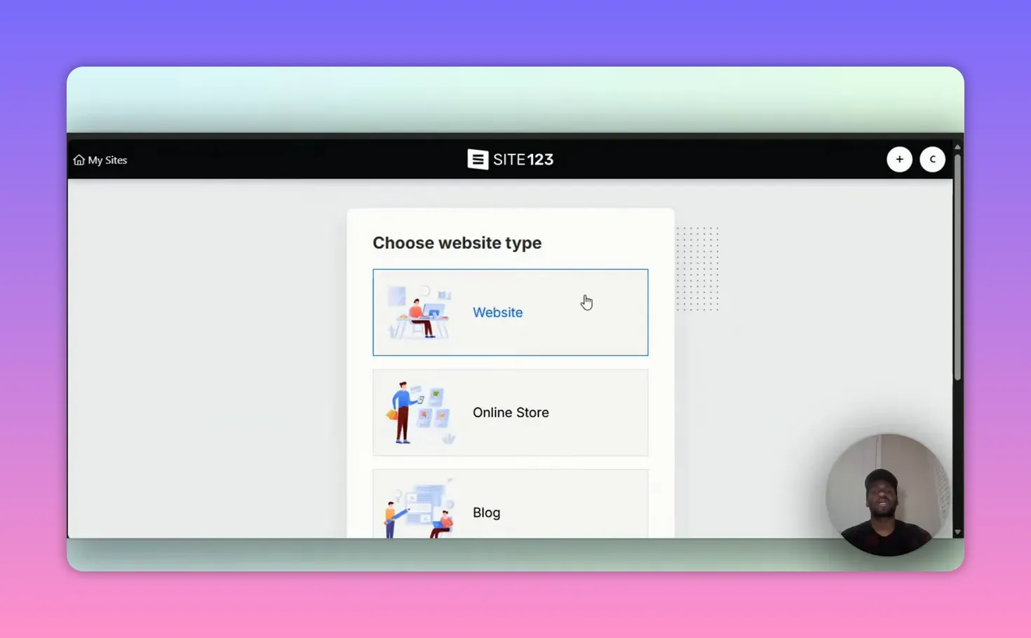 SITE123 Review: The Easiest Website Builder for Beginners? 4 SITE123 'Choose website type' screen showing Website, Online Store, and Blog options