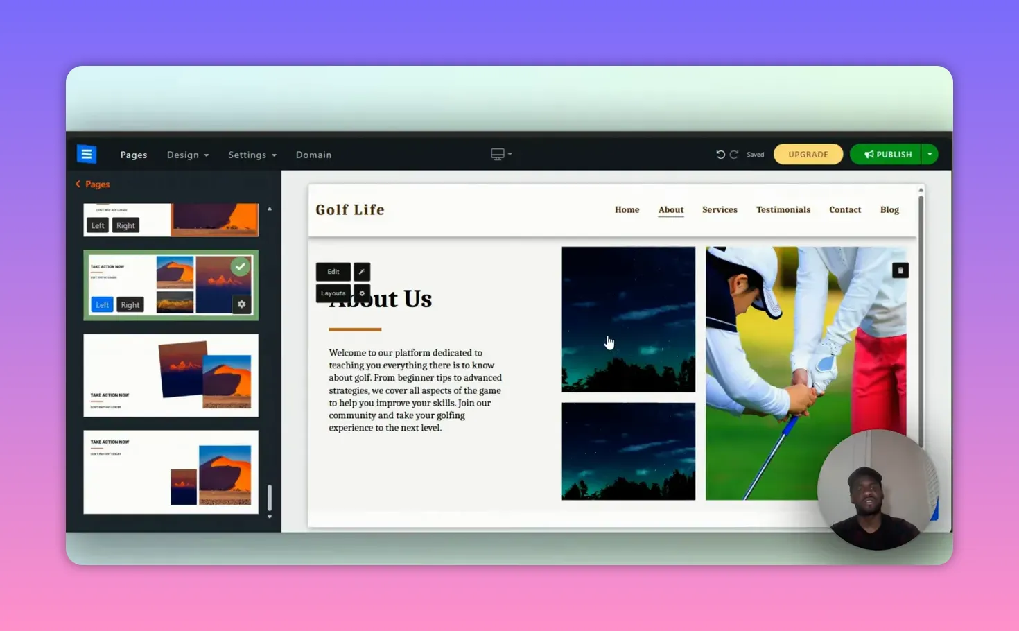 SITE123 Review: The Easiest Website Builder for Beginners? 6 SITE123 editor showing About section using a three-image layout with thumbnails in the sidebar
