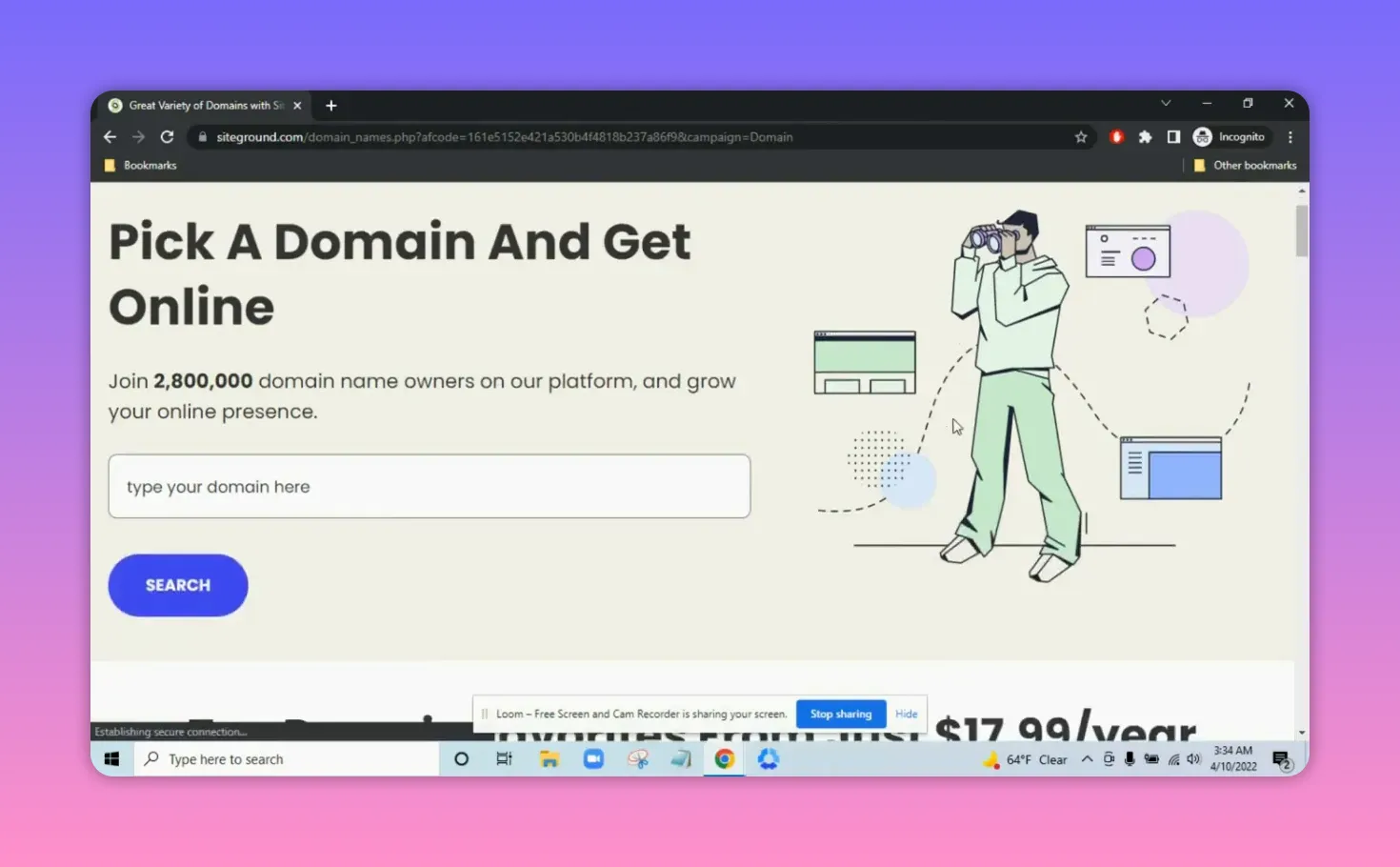 SiteGround 'Pick A Domain And Get Online' page with domain search box and illustration