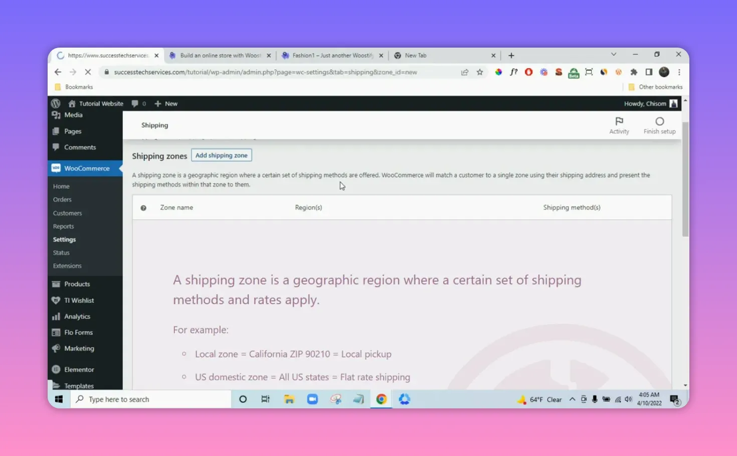 WooCommerce Shipping zones page showing example text: 'Local zone = California ZIP 90210 = Local pickup' and 'US domestic zone = All US states = Flat rate shipping'
